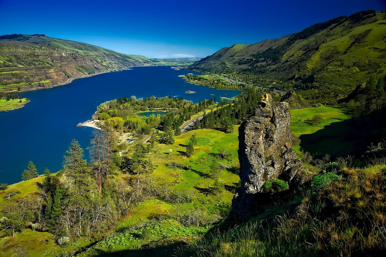 Aerial view of the Columbia River Gorge with a blue sky